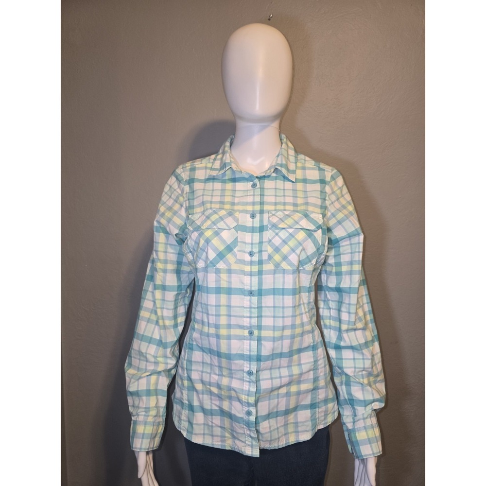 Columbia Omni Shade Teal Yellow Plaid Button Up Outdoor Classic Womens Sz S